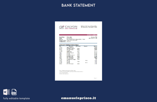 modello Excel di estratto conto bancario Tailandia Calyon in stile verificato